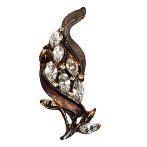 Leaf Brooch Vtg Gold Tone Leaf Rhinestone 2.5" Unsigned
